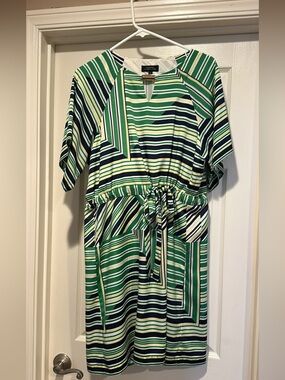 Tahari Green Striped Drawstring Waist Dress